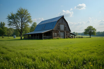 Fototapeta premium Rustic wooden barn with metal roof sits in a vast green meadow under a clear blue sky