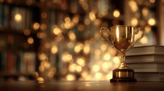 Golden winner's trophy cup placed on a stack of books in a library setting