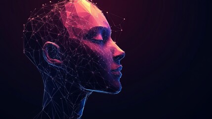 Futuristic AI persona with glowing pink and blue network connections conveying cutting edge tech and innovation for a modern technology business