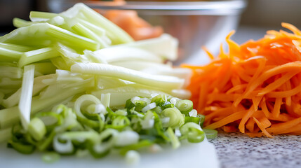 Fresh, vibrant chopped vegetables, including celery, carrots, and green onions, ready for a healthy meal. Colorful ingredients for culinary creations. Vegetarian cuisine.