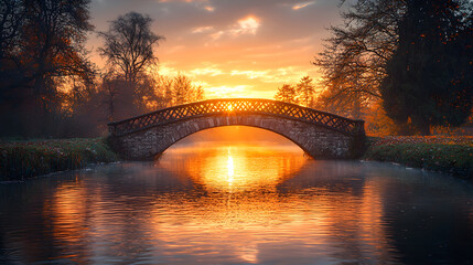 Fototapeta premium Serene stone bridge arches over tranquil water at sunrise, casting a golden glow on the misty landscape.