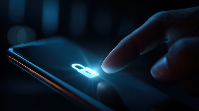 Finger touching a glowing security lock icon on a dark smartphone screen