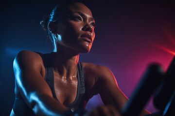Black woman cycling in a modern spin studio with neon lighting. Intense, sweaty, authentic fitness moment with strong energy, inclusive representation. Modern studio lighting, inclusive body type, fit