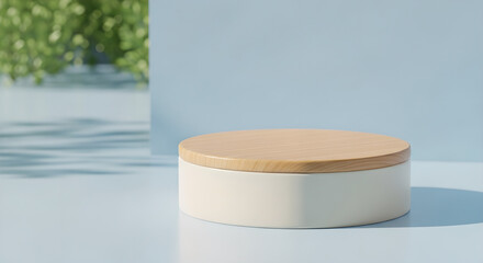 Product Display Wood Podium Light Blue Background Copy Space