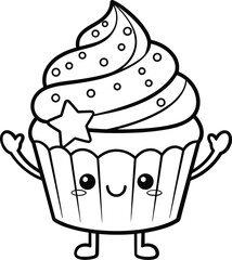 Cute kawaii cupcake character with star and arms raised