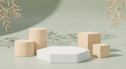 Product Display Podium Stage Beige White Green Background Copy Space