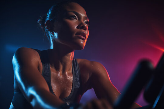 Black woman cycling in a modern spin studio with neon lighting. Intense, sweaty, authentic fitness moment with strong energy, inclusive representation. Modern studio lighting, inclusive body type, fit