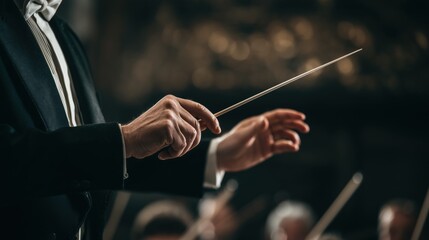 Close-up of a conductor's hand holding a white baton in a dark setting