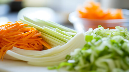 Vibrant, fresh-cut vegetables arranged on a pristine white surface, inviting healthy eating & culinary creativity. Celery, carrots, green onions, & onions shown.