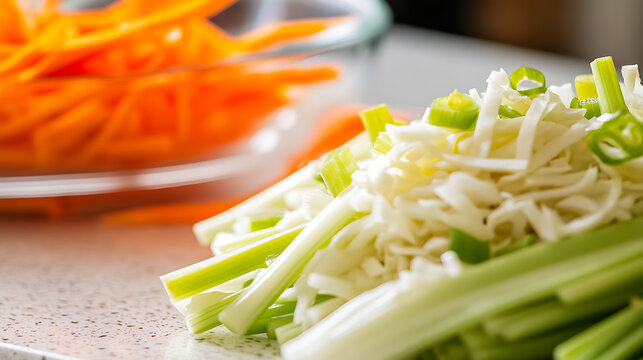 Freshly prepared vegetables await their culinary destiny. Crisp celery stalks and shredded cabbage complement bright orange carrots, promising a vibrant and healthy dish. A culinary delight!