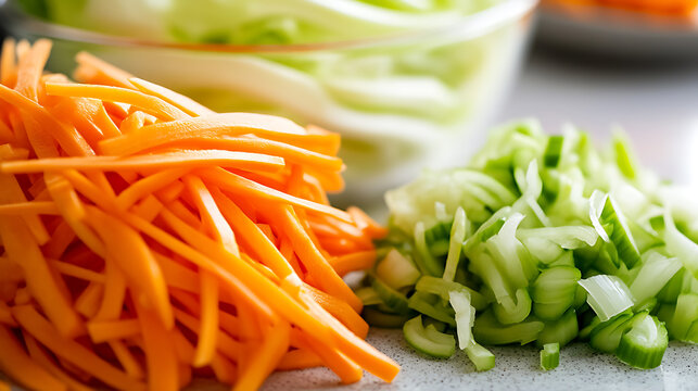 Freshly prepared julienned carrots and chopped bok choy arranged on a light surface, ready for a healthy meal. A close-up shot showcases vibrant colors and textures. - Powered by Adobe