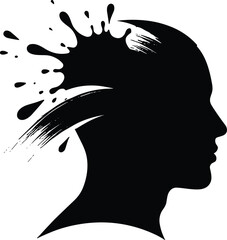 Creative mind icon vector—black silhouette of head with exploding paint burst for innovation, imagination, and expressive thought visuals
