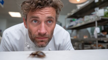 Inquisitive chef marvels at kitchen beetle, pondering entomophagy delights during Burning Man, fusion cuisine experiment unfolding