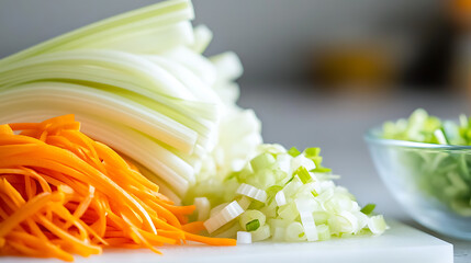 Freshly prepared vegetables on a cutting board featuring celery, carrots, and green onions, perfect for a nutritious meal. Close-up of a healthy lifestyle choice.
