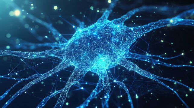 Intricate blue neuron illustration for medical research, science, or education with a glowing, interconnected digital design for cutting-edge innovation - Powered by Adobe