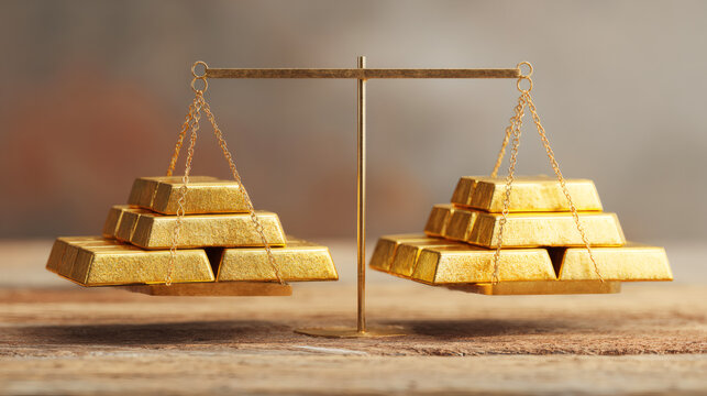 Balanced golden bars on a scale representing financial equilibrium