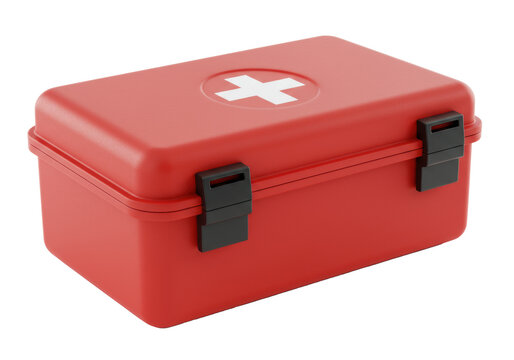 detailed crimson red polymer first aid kit box with white cross and matte black latches, isolated on a seamless transparent background, high-key commercial studio product shot emphasizing immediate - Powered by Adobe