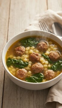 Steaming Italian wedding soup with mini meatballs, symphony of acini di pepe and spinach, cozy winter solstice celebration