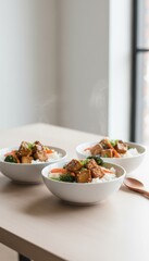 Steaming bowls of vibrant stir-fry over jasmine rice, evoking Lunar New Year feasts and quiet autumn harvest celebrations
