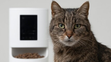 Serene tabby cat awaits gourmet feast beside sleek automatic feeder, Feline Daydreams Festival, World Cat Communication Week