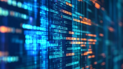 Immersive digital binary code background with vibrant blue and orange hues, perfect for modern tech projects and innovative designs for business success