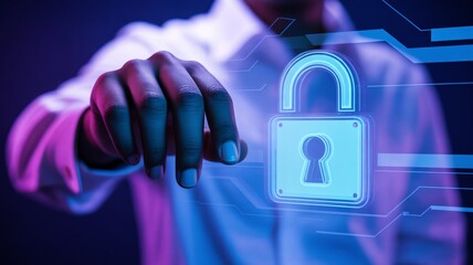 Cybersecurity expert securing data with modern digital padlock interface