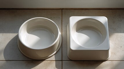 Ceramic pet bowls basking in serene daylight, evoking Zen minimalism, purrfect feast vessels, and International Cat Day reflections