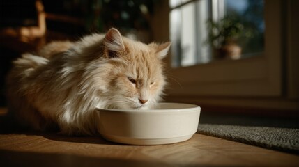 Cozy ginger feline sips serenely from ceramic bowl, echoing Hygge simplicity, Caturday calm in sunlit haven