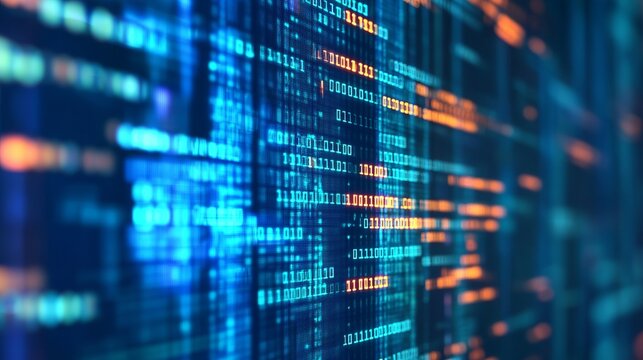 Immersive digital binary code background with vibrant blue and orange hues, perfect for modern tech projects and innovative designs for business success