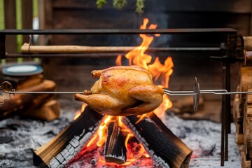 Roasted Chicken on a Spit Over Open Fire: A Delicious Outdoor Cooking Experience in a rustic setting