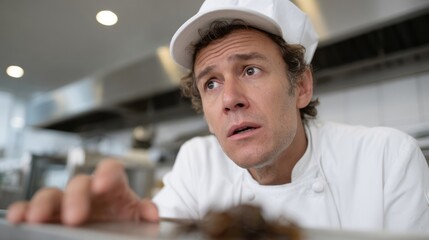 A puzzled Caucasian male chef contemplates an enigmatic dish, channeling culinary creativity, World Cooking Day alignment