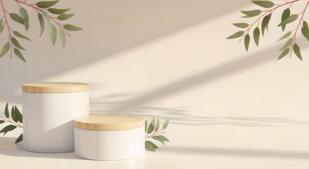 Product Display Podiums Eucalyptus Leaves White Wood Beige Copy Space