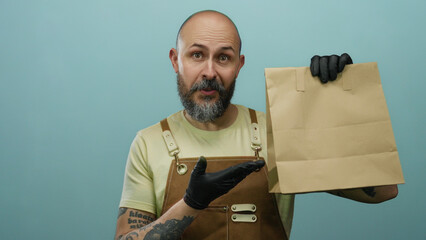 Bald man with beard holding paper bag in gloves against blue background portrays delivery service.