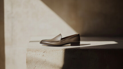 Leather loafer in a minimalist setting, soft light highlighting its elegant design. Perfect for smart-casual style, blending tradition and modernity with subtle sophistication.