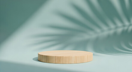 Wood Podium Product Display Teal Background Palm Shadow Copy Space