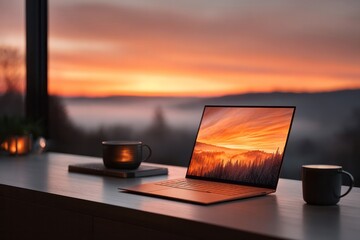 A tranquil sunrise glows on the laptop screen beside steaming mugs, ideal for solitude's embrace or Hygge beginnings