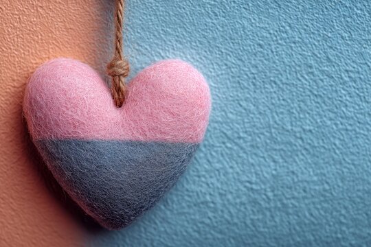 Felt heart dangling whimsically, echoing dual-toned romance for Valentine's Day or a cozy Hygge-inspired celebration