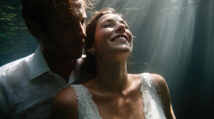 Underwater wedding bliss with ethereal sunlight, Caucasian couple joyfully submerged, capturing love's depths; Midsummer's Day, underwater photography