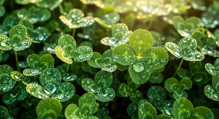 Clover Leaves Water Drops Green Field Sunlight