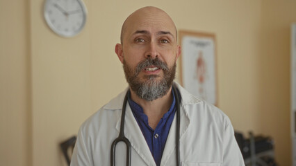 Doctor standing in medical clinic with stethoscope wearing white coat and beard smiling professional male caucasian portrait healthcare indoor workplace