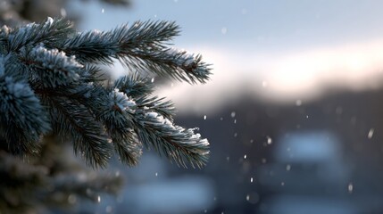Frost-kissed evergreen bough sways in whispering snow, evoking Yule tranquility and the serenity of Winter Solstice magic
