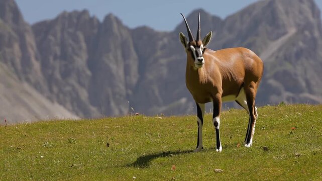An oryx stands proudly in a field, with mountains in the distance Stock Video