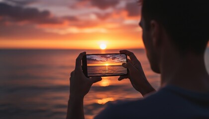 Man's hands holding a smartphone horizontally to photograph a vibrant orange sunset over the calm ocean with dramatic clouds, viewed from an over-the-shoulder perspective