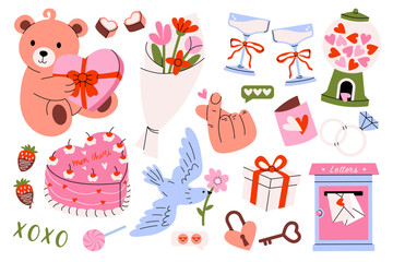 Valentines day stickers. Cute love romantic elements, retro cartoon badge collection with hearts love key lock gifts for February 14 celebration greeting cards. Vector flat set