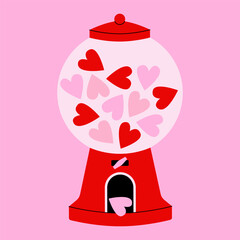 Gumball machine. Cute gum heart shape, vintage candy dispenser with colorful sweet balls, retro glass gum or toy vending machine for Valentines Day. Vector illustration