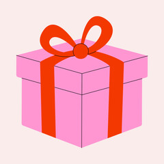 Holiday gift box. Abstract present box package with red ribbon and bow, birthday celebration decoration element for Valentine day, Christmas, birthday party. Vector illustration