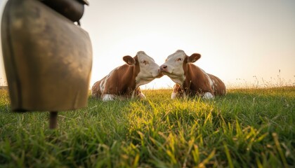 Two affectionate brown and white cows are kissing while lying together in a lush green meadow during a beautiful golden hour sunset with a cowbell in the foreground