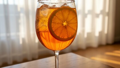 Refreshing orange spritz cocktail in a wine glass with an orange slice and ice cubes, beautifully backlit by warm sunlight for a relaxing and elegant summer vibe