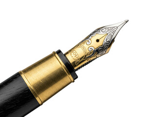 Macro of a luxury fountain pen with a 14k gold nib, brass, and ebony wood on a white background with copy space, cinematic lighting, concept of luxury craftsmanship