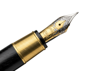 Macro of a luxury fountain pen with a 14k gold nib, brass, and ebony wood on a white background with copy space, cinematic lighting, concept of luxury craftsmanship